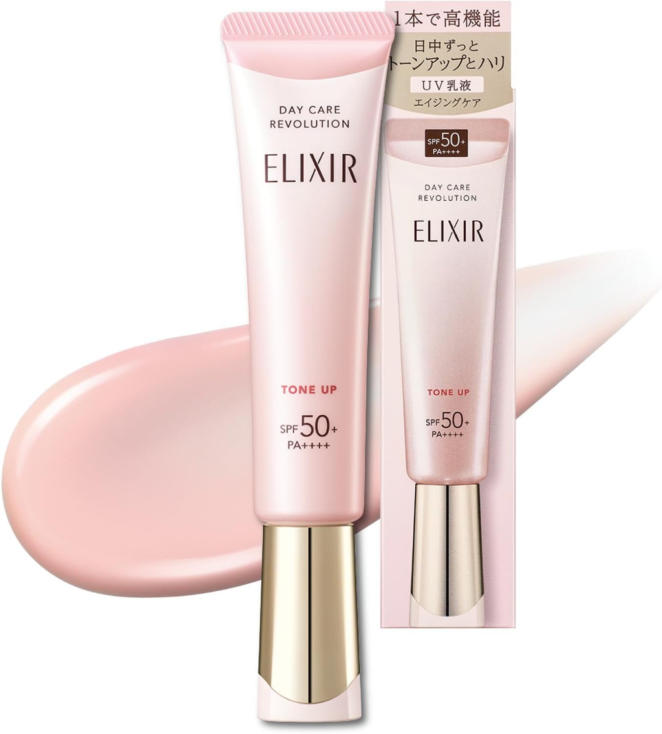 "Elixir UV Emulsión Día Care Revolution Tone Up SP+ aa Baby Pink 35g, SPF50+ PA++++, Emulsión para la Mañana y el Día, Base de Maquillaje, Protector Solar, Corrección de Tonos Opacos, Rosa de Felicidad, Cuidado Anti-Envejecimiento, Supleménto ELIXIR