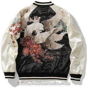 [East Rain] Chaqueta estilo Sukajan con diseño tradicional japonés - Dragón, Fénix, Cuatro Bestias Celestiales, bordado - Ropa de béisbol Unisex para hombres - FUN210