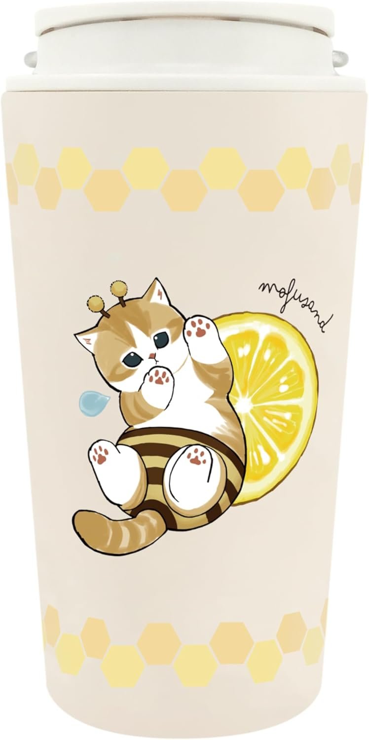mofusand Taza térmica de doble pared con asa, 360 ml - Diseño "Mitsubachi-nyan" (abeja gatita)